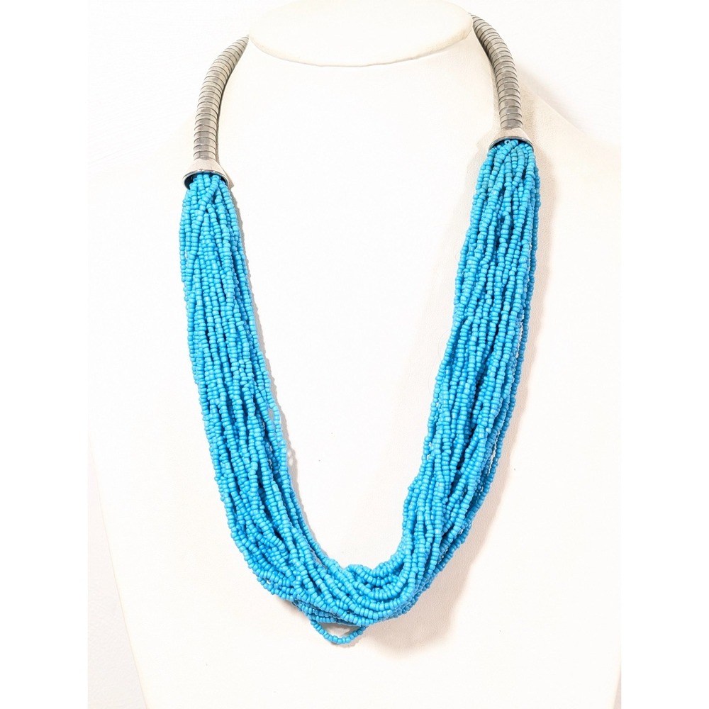 Blue Glass Seed Bead Multi Strand Layered Statement Necklace Boho Beachy 27"